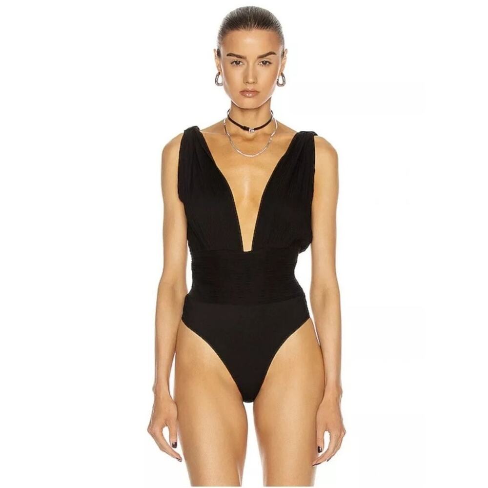 Retrofete Aria Bodysuit in Black Silk Size XL Deep V Sleeveless Thong NWT